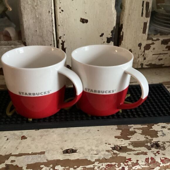 Set (2) Starbucks Coffee Mugs Cups 2011 New Bone China Porcelain Red White - Picture 1 of 6